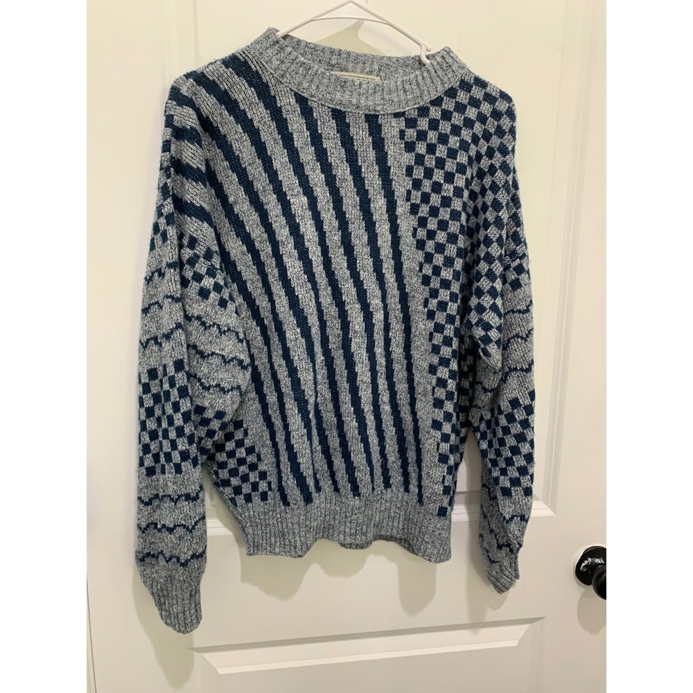 Vintage Le Tigre Mens Medium Blue Grey Geometric Striped Checkerboard Sweater